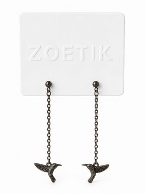 Zoetik Gunmetal Hummingbird Chain Drop Earrings Bird Dangle Boho NWT Boutique